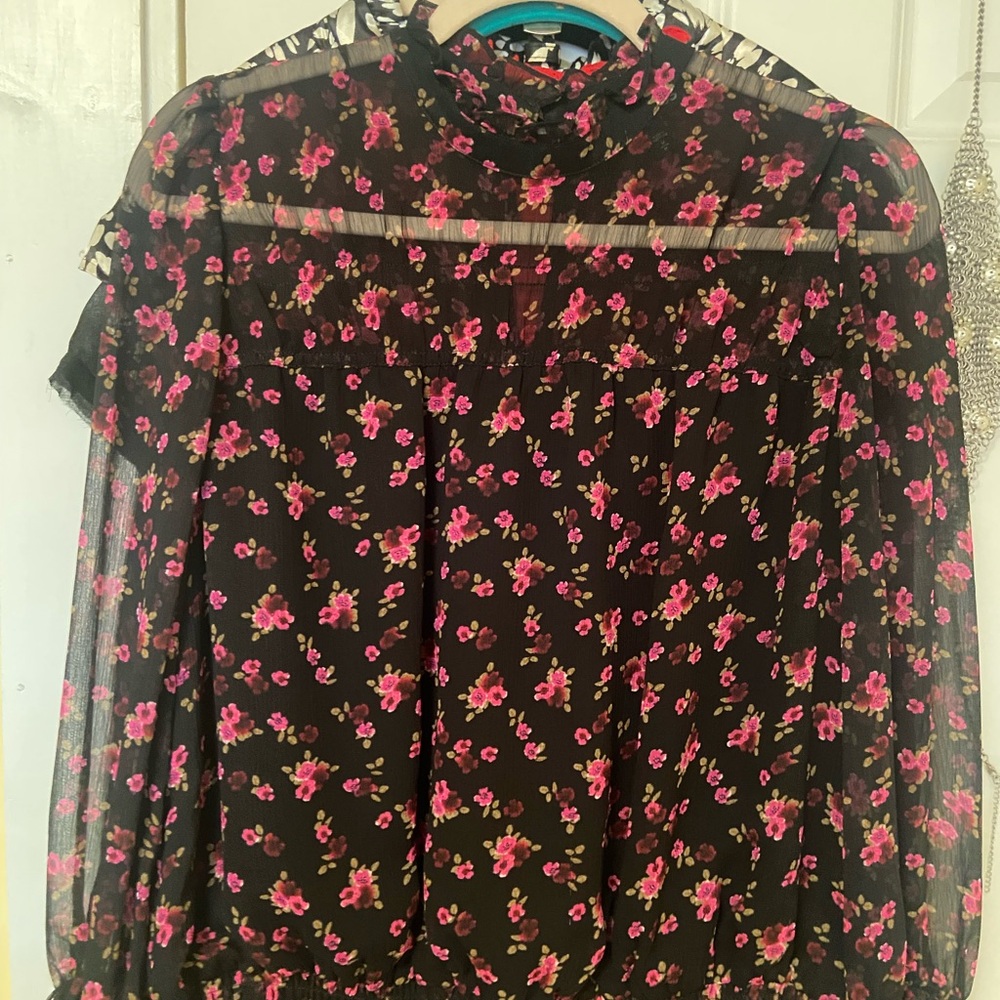 Express Black and Pink Floral Sheer Blouse